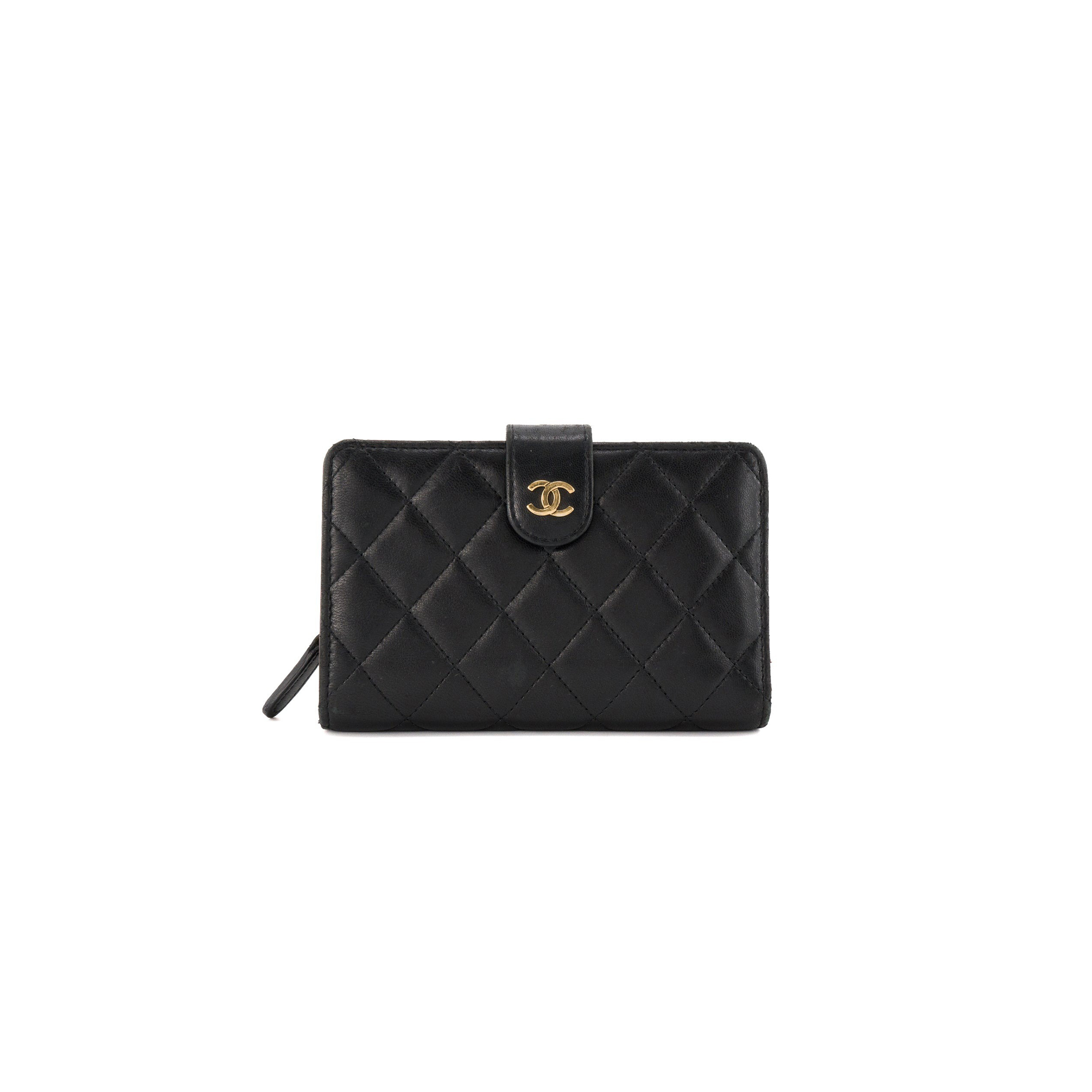 CHANEL BLACK QUILTED LAMBSKIN LEATHER L-ZIP COMPACT FRENCH PURSE WALLET A48667 (15*10*2.5cm)